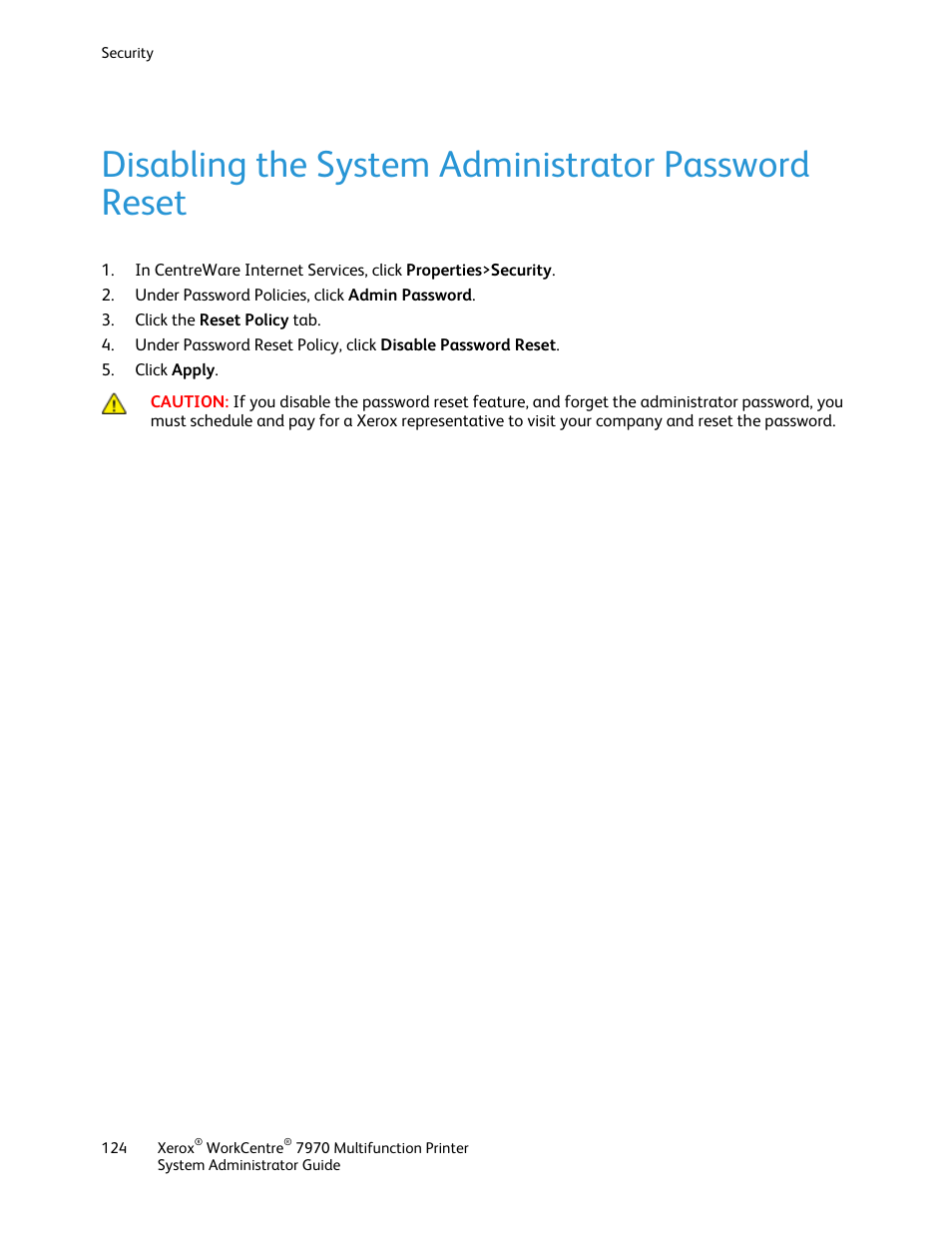 Disabling the system administrator password reset | Xerox WorkCentre 7970-2606 User Manual | Page 124 / 268