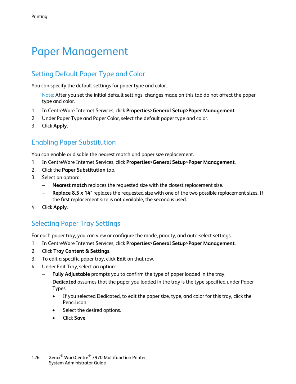 Paper management, Setting default paper type and color, Enabling paper substitution | Selecting paper tray settings | Xerox WorkCentre 7970-2606 User Manual | Page 126 / 268