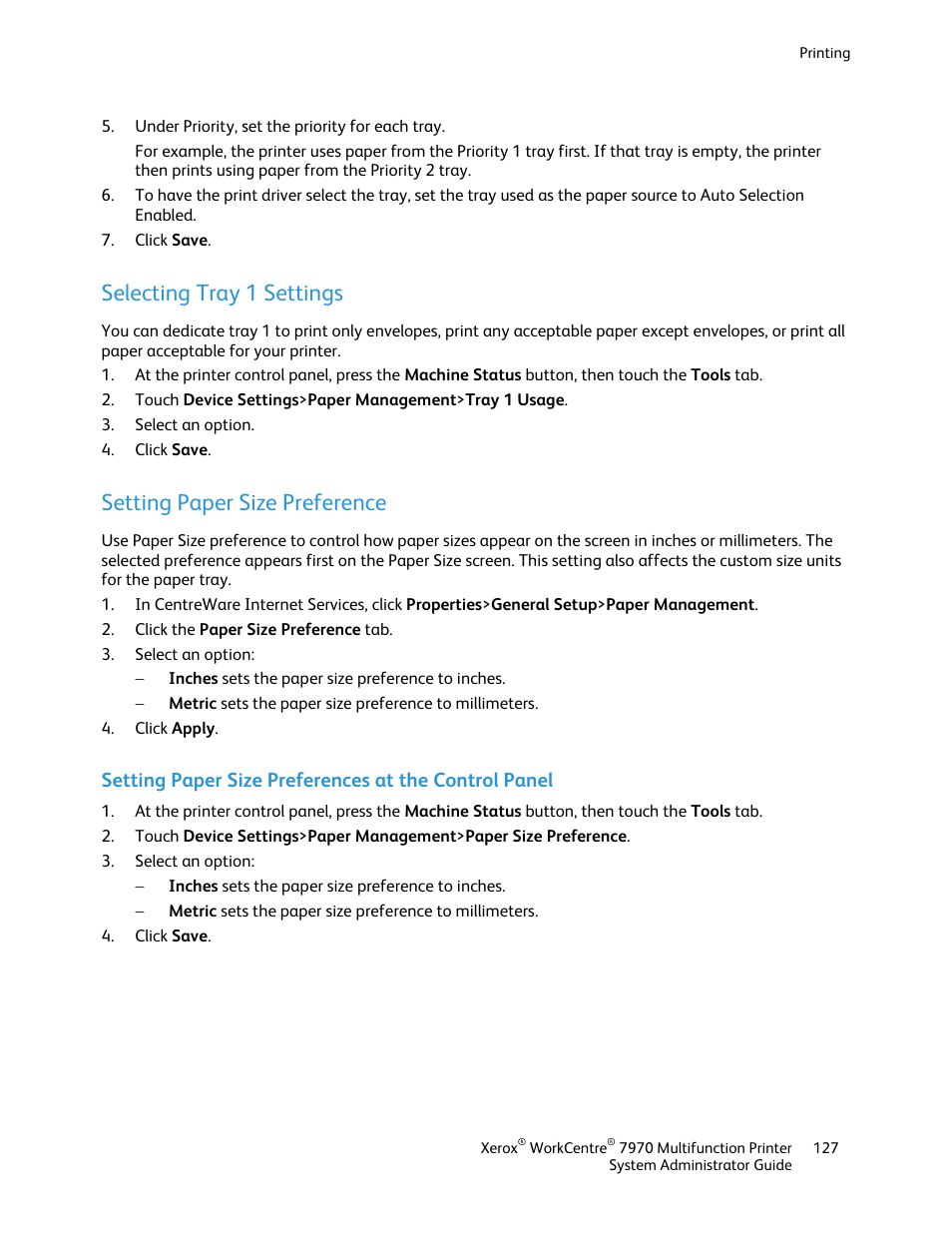 Selecting tray 1 settings, Setting paper size preference | Xerox WorkCentre 7970-2606 User Manual | Page 127 / 268