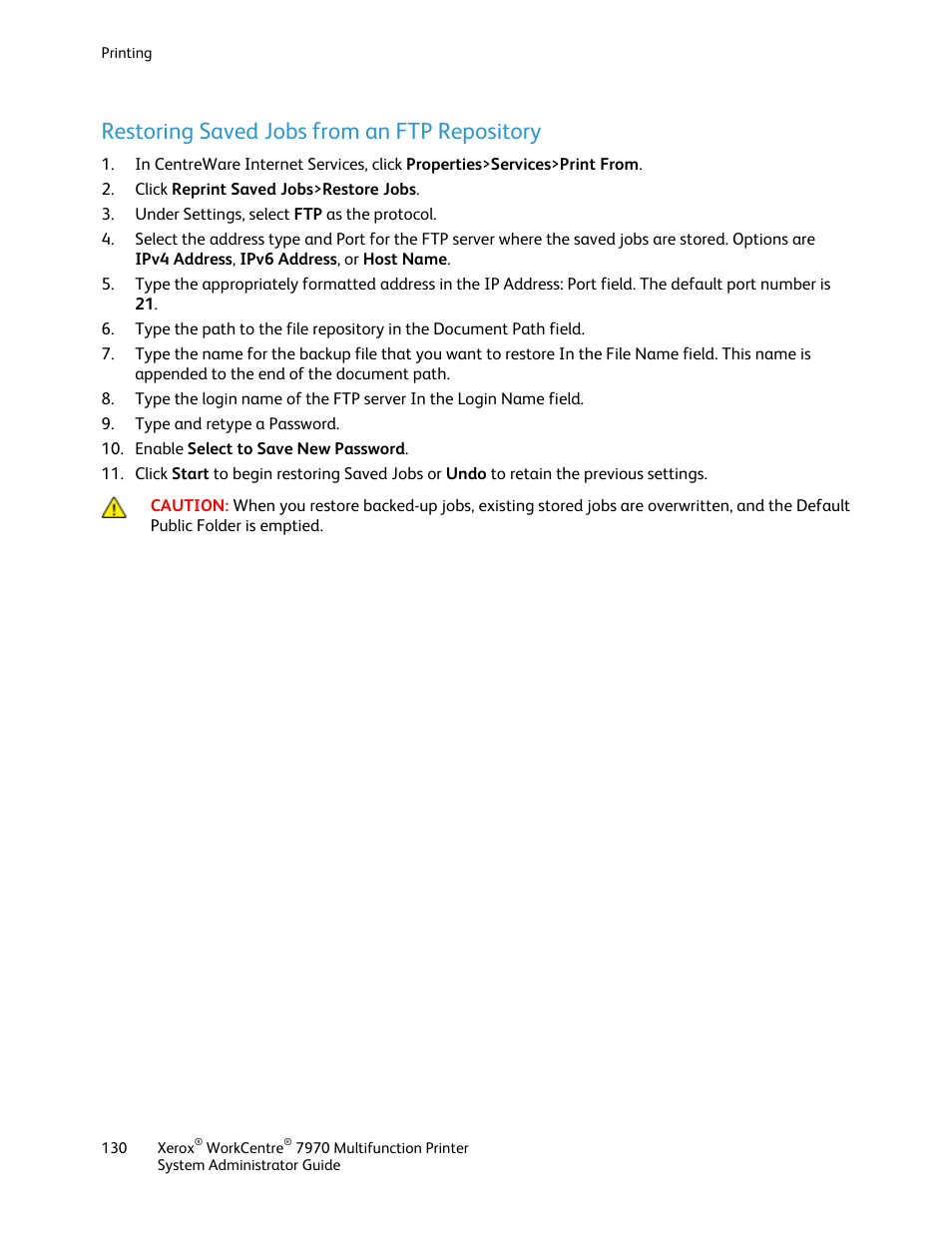 Restoring saved jobs from an ftp repository | Xerox WorkCentre 7970-2606 User Manual | Page 130 / 268