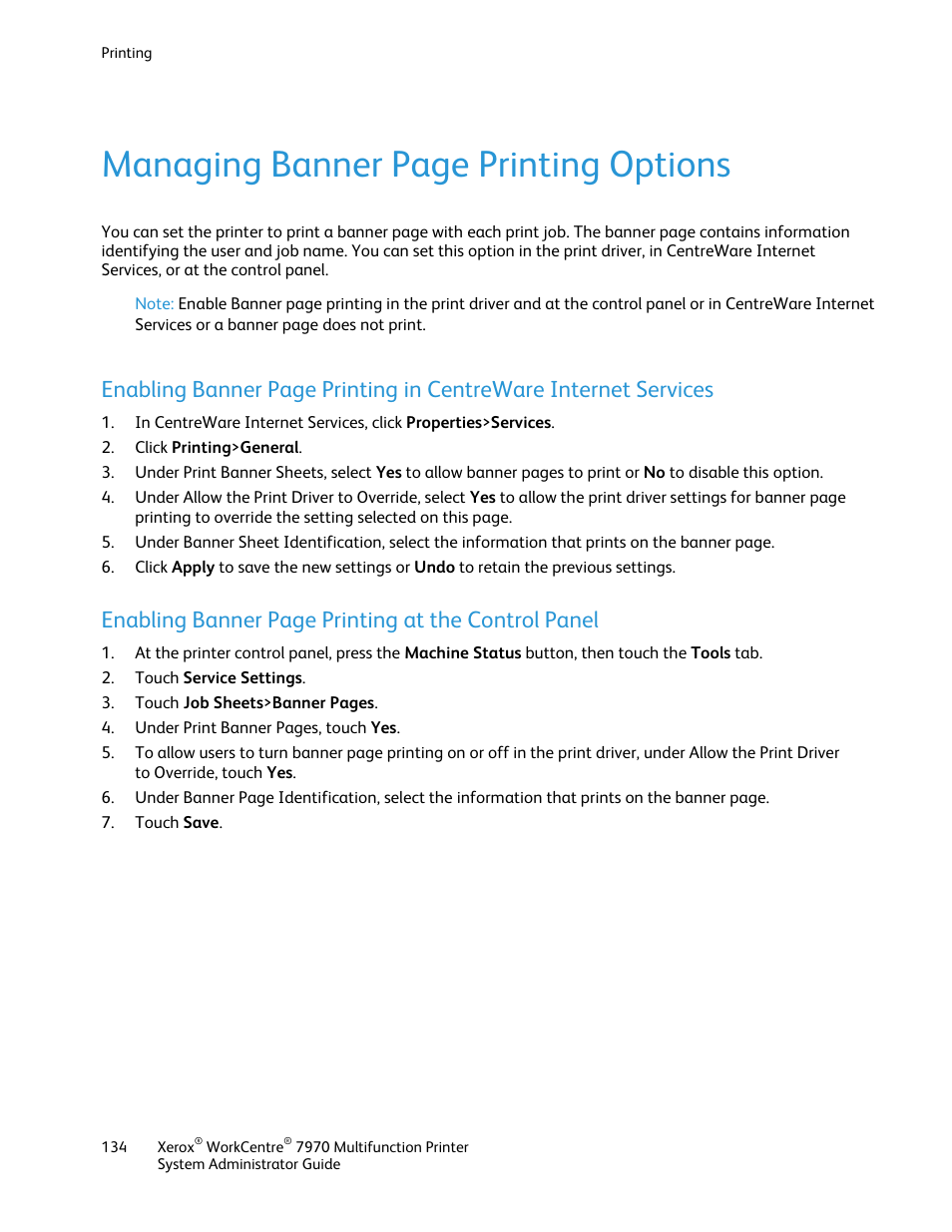 Managing banner page printing options, Enabling banner page printing at the control panel | Xerox WorkCentre 7970-2606 User Manual | Page 134 / 268