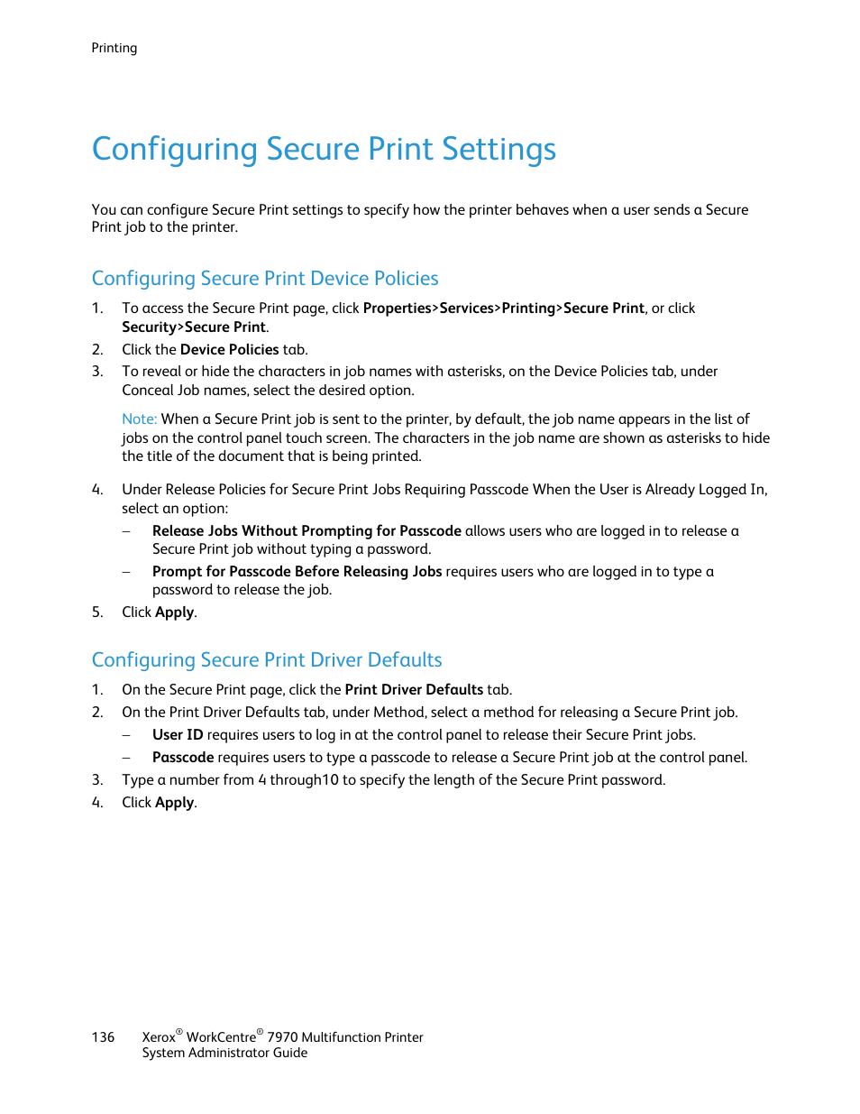 Configuring secure print settings, Configuring secure print device policies, Configuring secure print driver defaults | Xerox WorkCentre 7970-2606 User Manual | Page 136 / 268