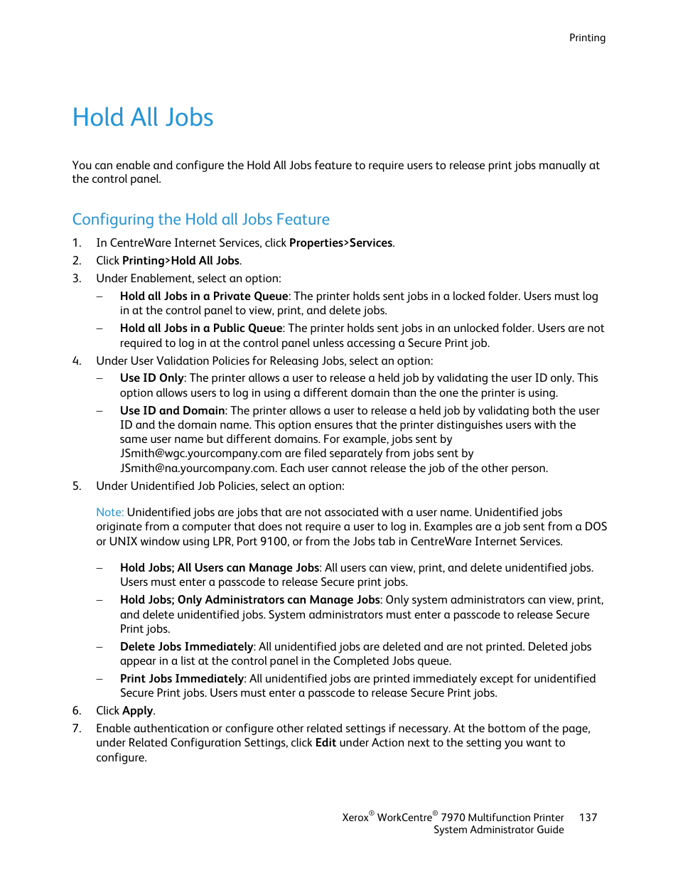 Hold all jobs, Configuring the hold all jobs feature | Xerox WorkCentre 7970-2606 User Manual | Page 137 / 268