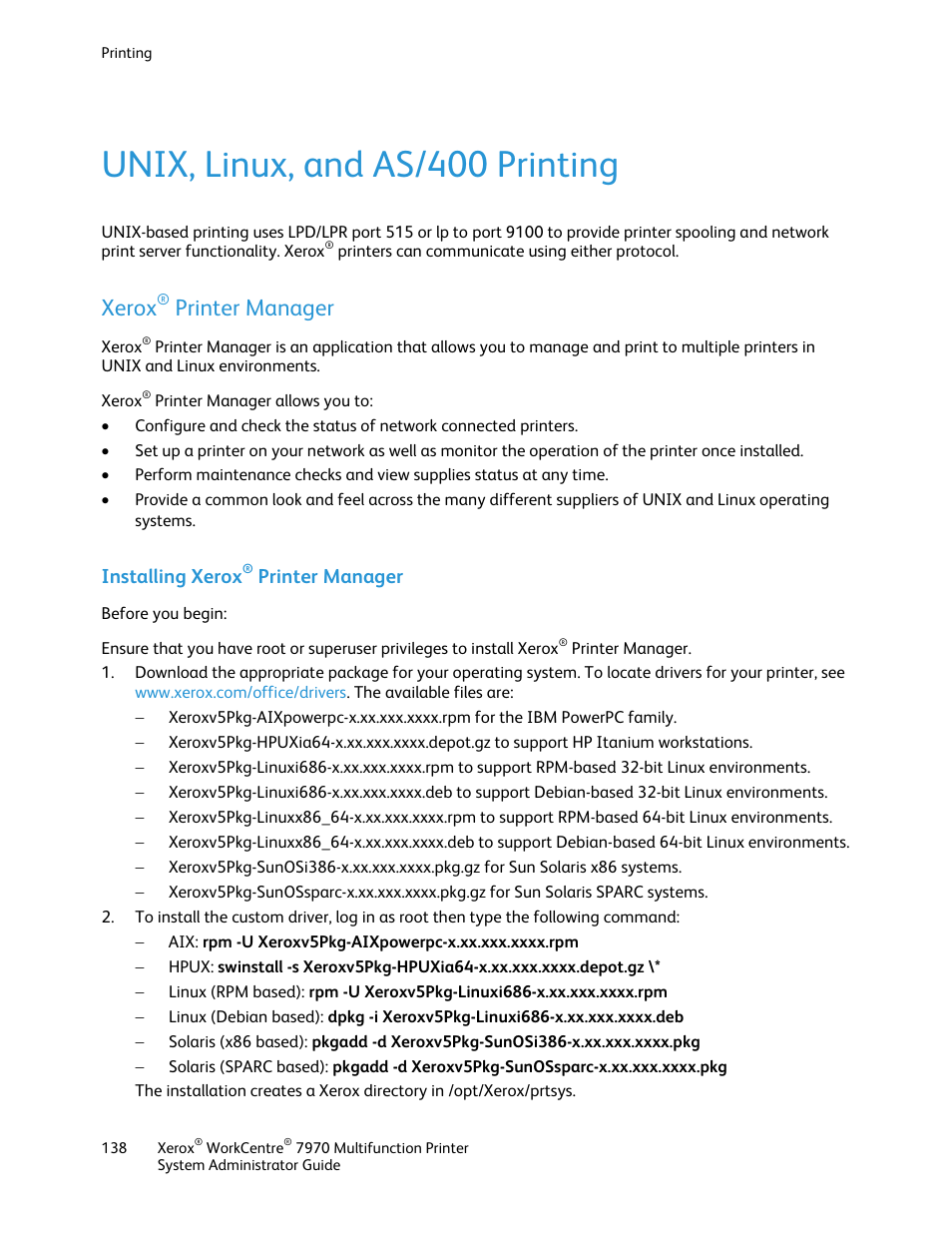 Unix, linux, and as/400 printing, Xerox® printer manager, Installing xerox® printer manager | Xerox, Printer manager, Installing xerox | Xerox WorkCentre 7970-2606 User Manual | Page 138 / 268