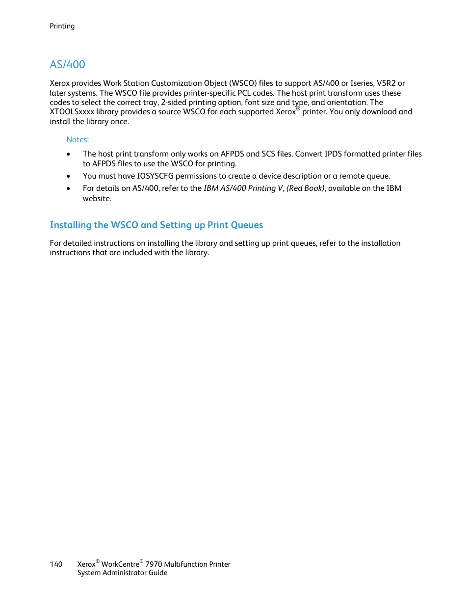 As/400, Installing the wsco and setting up print queues | Xerox WorkCentre 7970-2606 User Manual | Page 140 / 268