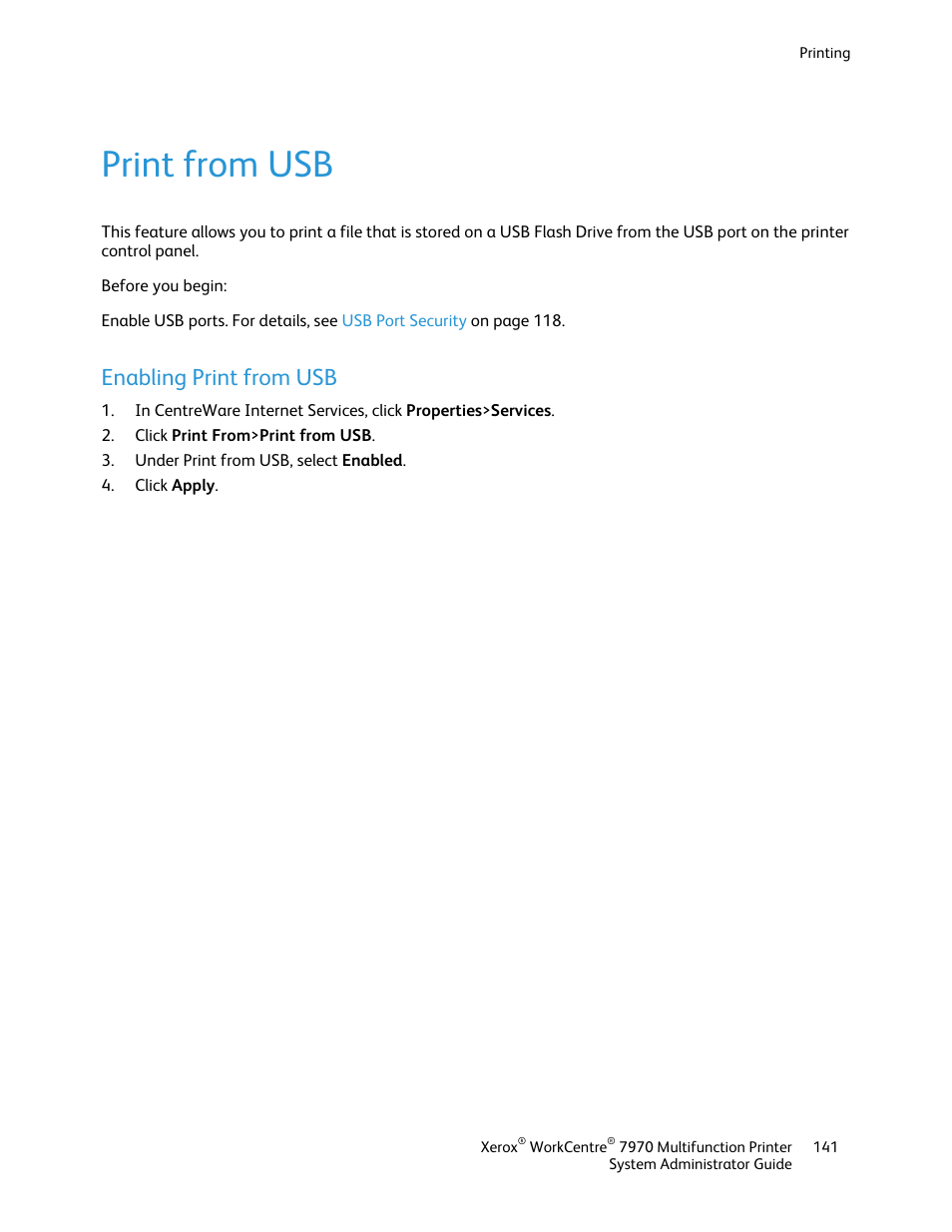 Print from usb, Enabling print from usb | Xerox WorkCentre 7970-2606 User Manual | Page 141 / 268