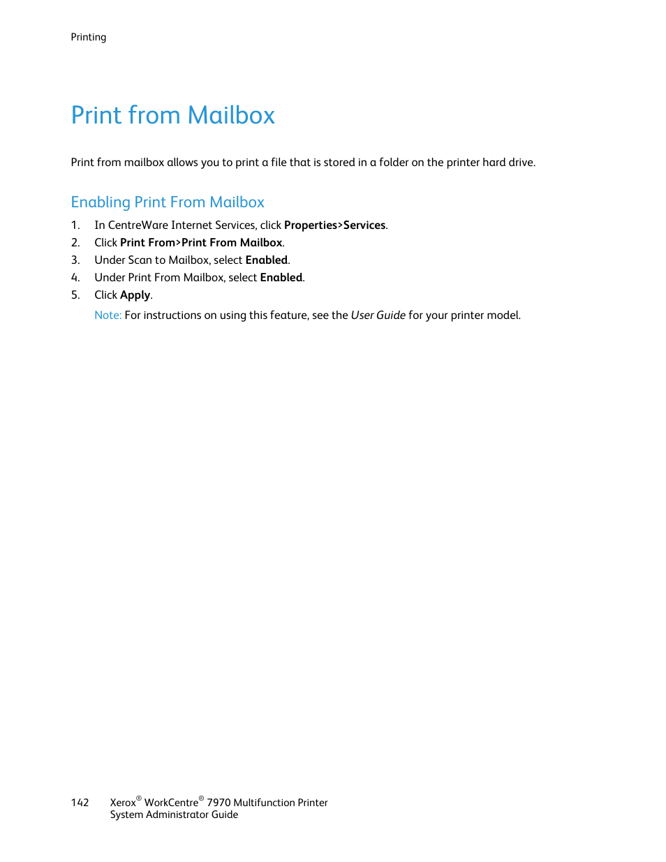 Print from mailbox, Enabling print from mailbox | Xerox WorkCentre 7970-2606 User Manual | Page 142 / 268