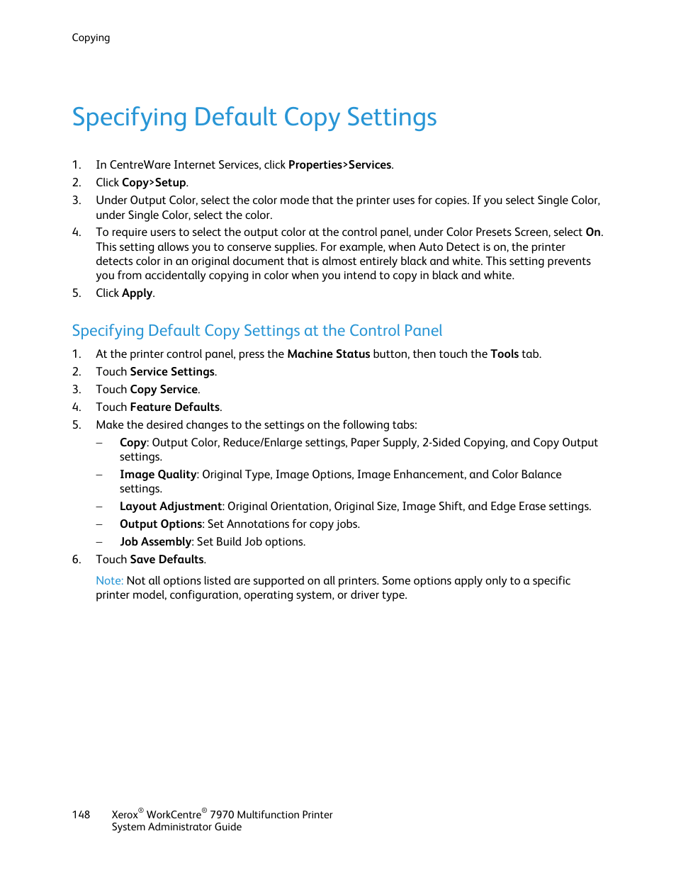 Specifying default copy settings | Xerox WorkCentre 7970-2606 User Manual | Page 148 / 268