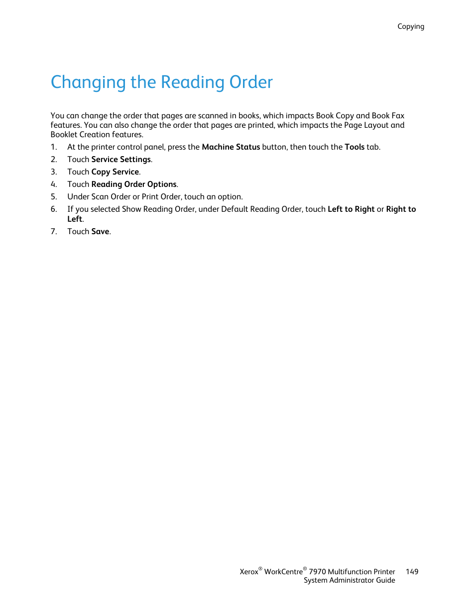 Changing the reading order | Xerox WorkCentre 7970-2606 User Manual | Page 149 / 268