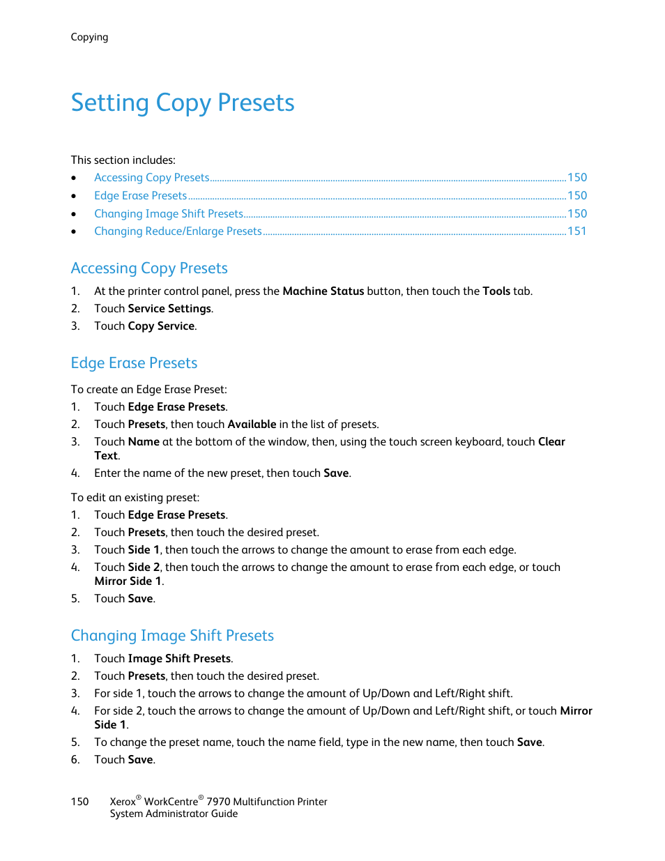 Setting copy presets, Accessing copy presets, Edge erase presets | Changing image shift presets | Xerox WorkCentre 7970-2606 User Manual | Page 150 / 268