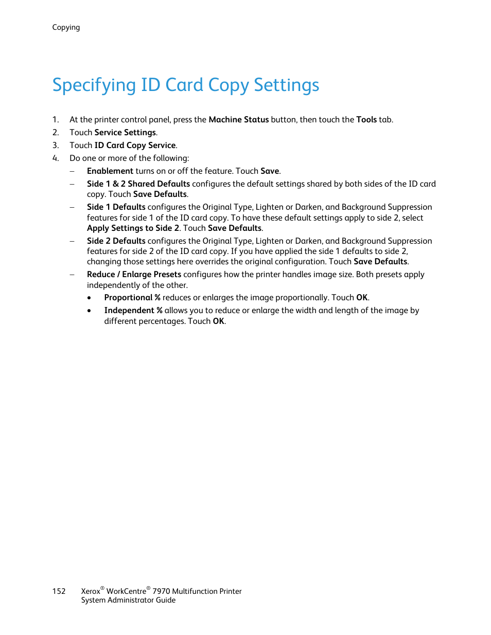 Specifying id card copy settings | Xerox WorkCentre 7970-2606 User Manual | Page 152 / 268