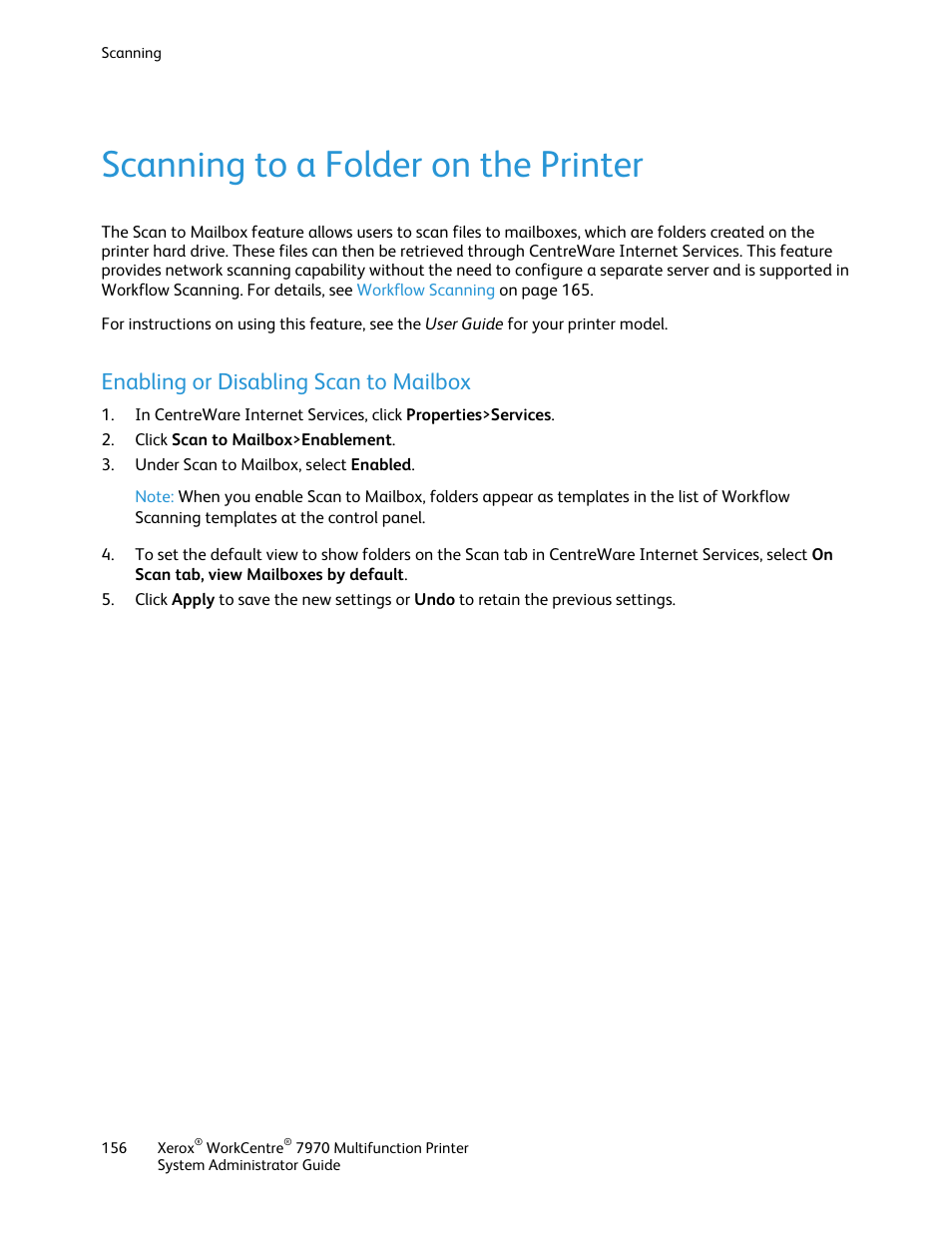 Scanning to a folder on the printer, Enabling or disabling scan to mailbox | Xerox WorkCentre 7970-2606 User Manual | Page 156 / 268