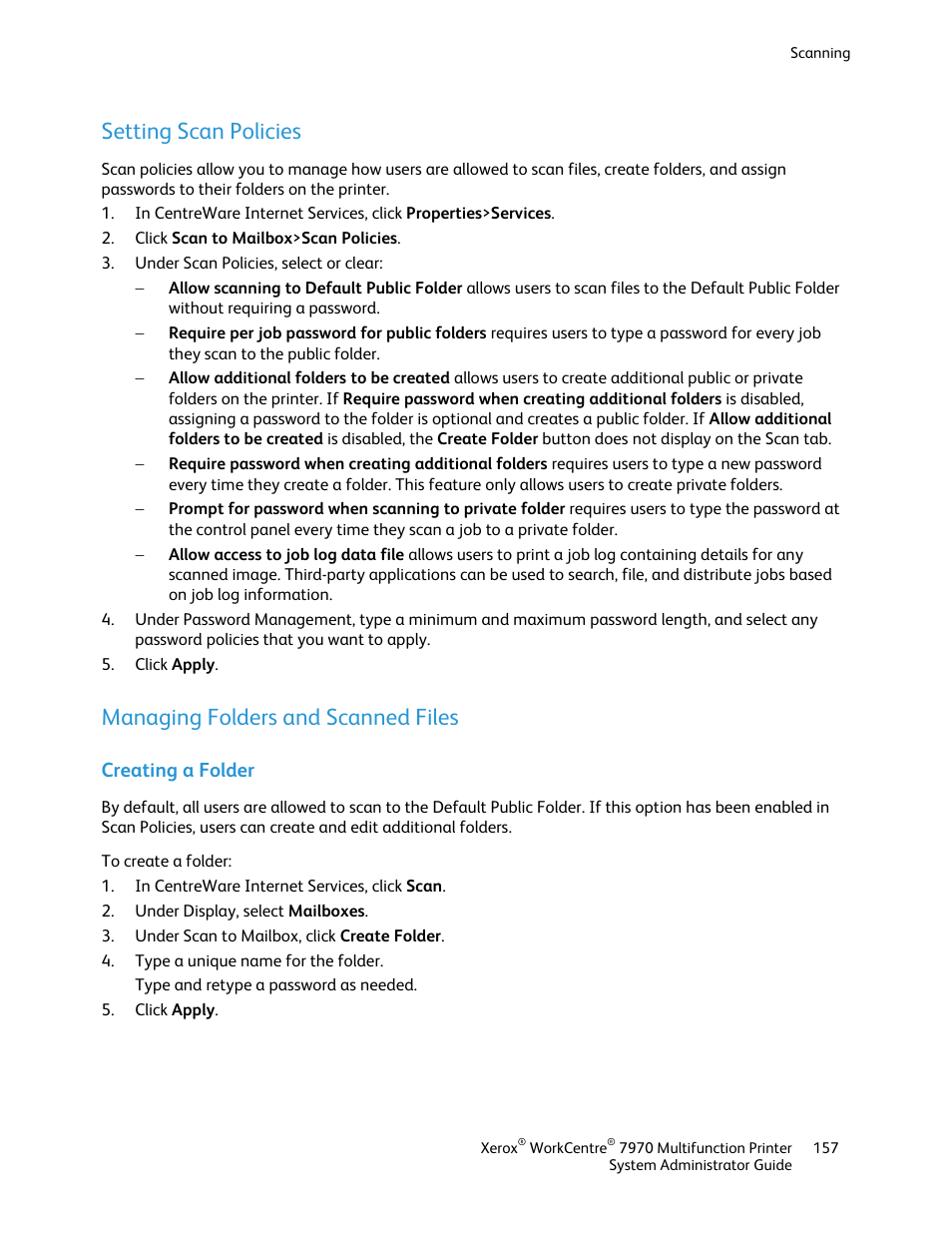 Setting scan policies, Managing folders and scanned files, Creating a folder | Xerox WorkCentre 7970-2606 User Manual | Page 157 / 268