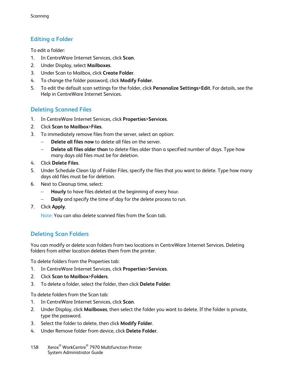 Editing a folder, Deleting scanned files, Deleting scan folders | Xerox WorkCentre 7970-2606 User Manual | Page 158 / 268