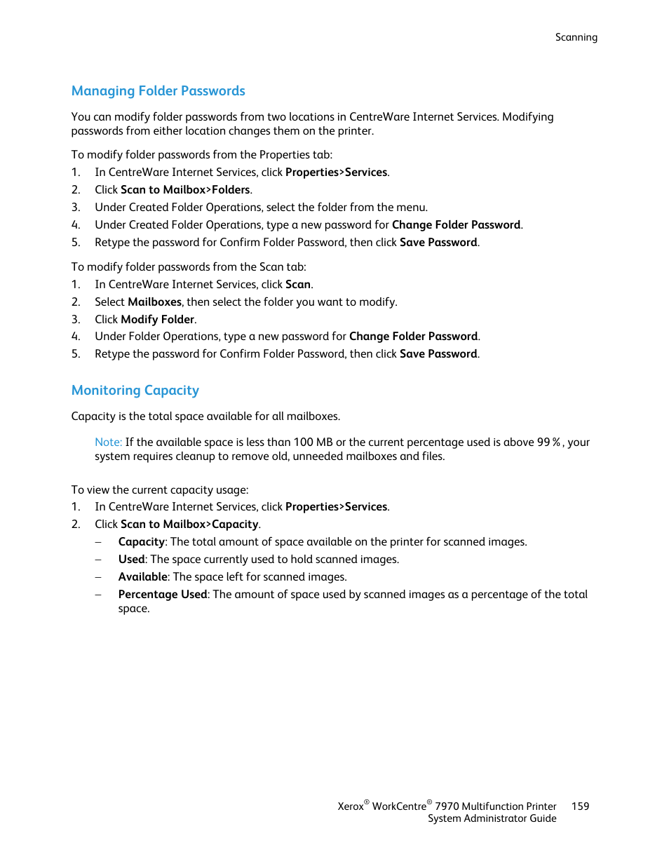 Managing folder passwords, Monitoring capacity | Xerox WorkCentre 7970-2606 User Manual | Page 159 / 268