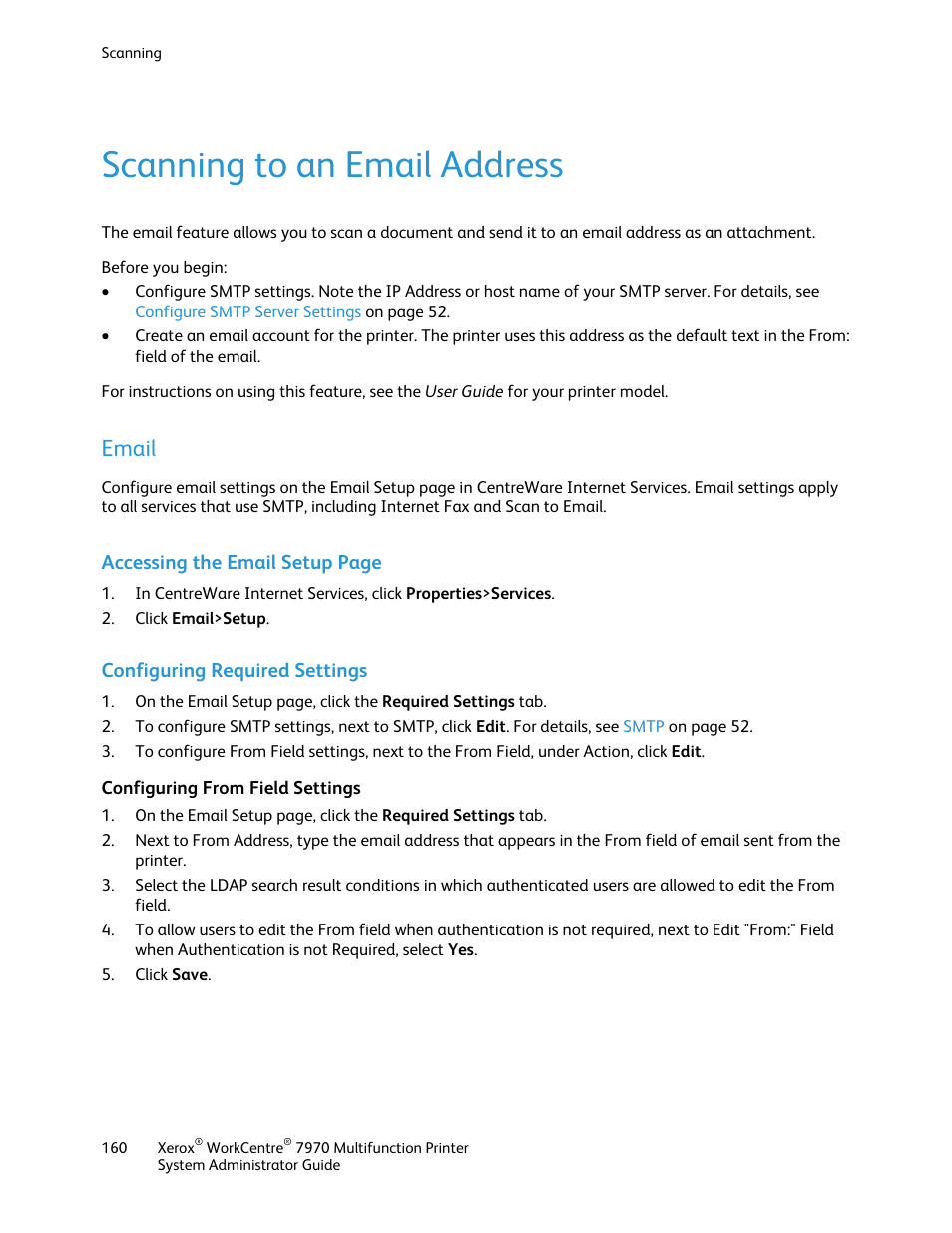 Scanning to an email address, Email, Configuring required settings | Configuring from field settings | Xerox WorkCentre 7970-2606 User Manual | Page 160 / 268