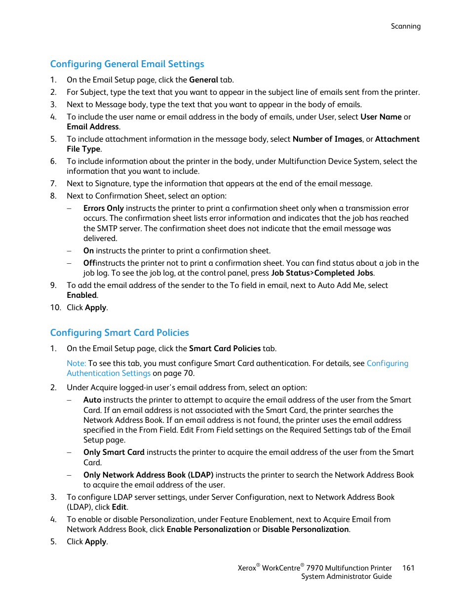 Configuring general email settings, Configuring smart card policies | Xerox WorkCentre 7970-2606 User Manual | Page 161 / 268