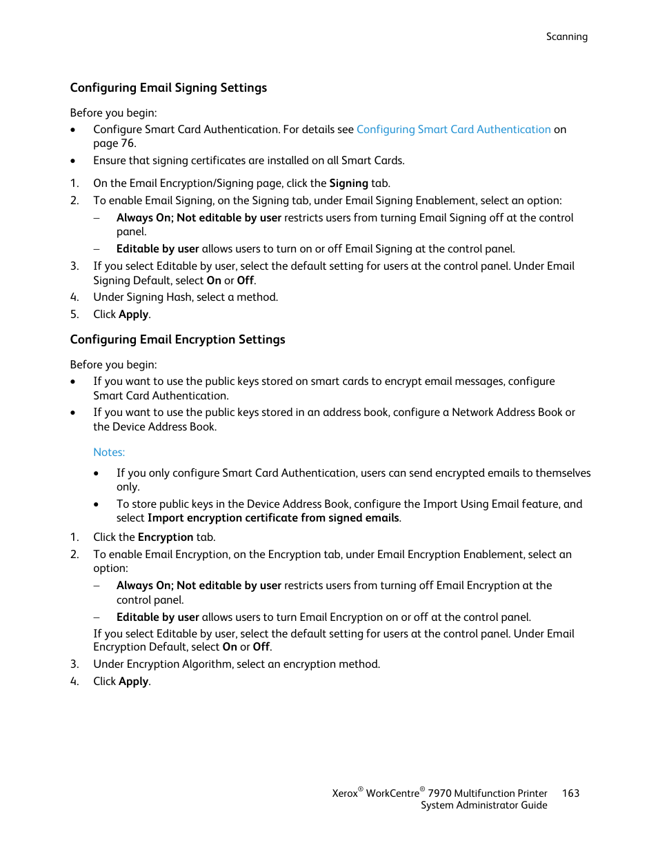 Configuring email signing settings, Configuring email encryption settings | Xerox WorkCentre 7970-2606 User Manual | Page 163 / 268