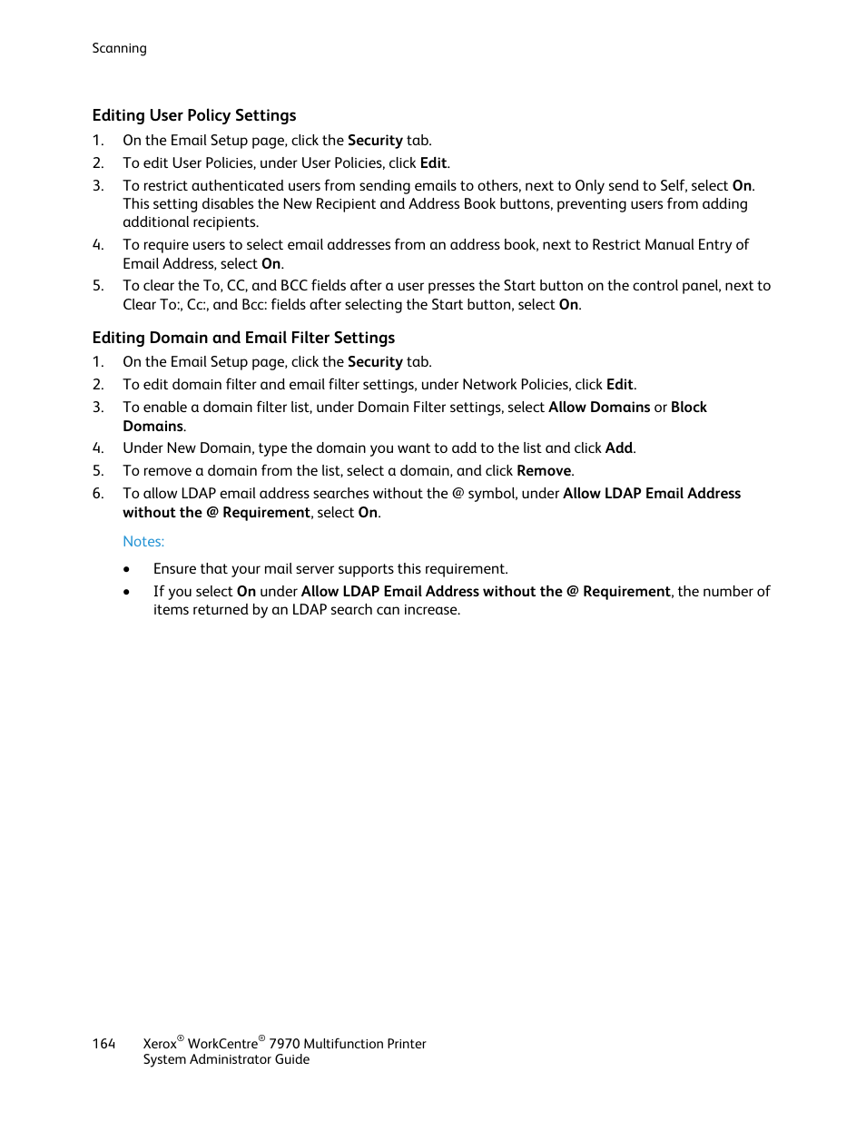 Editing user policy settings, Editing domain and email filter settings | Xerox WorkCentre 7970-2606 User Manual | Page 164 / 268