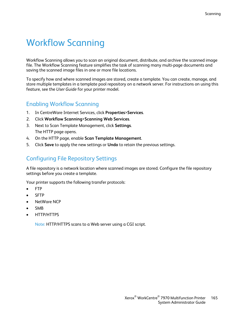 Workflow scanning, Enabling workflow scanning, Configuring file repository settings | Xerox WorkCentre 7970-2606 User Manual | Page 165 / 268