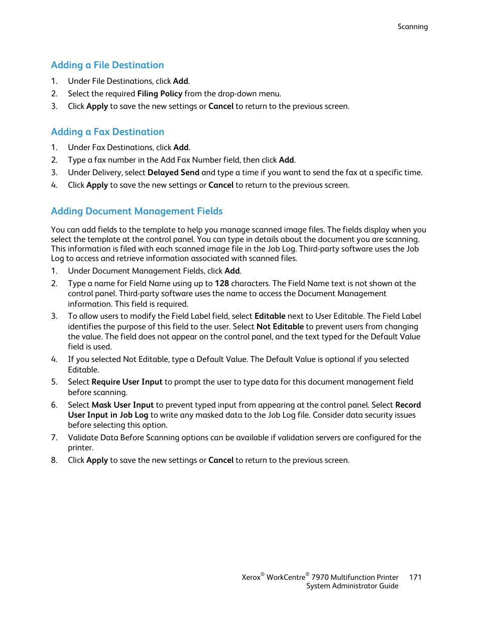 Adding a file destination, Adding a fax destination, Adding document management fields | Xerox WorkCentre 7970-2606 User Manual | Page 171 / 268