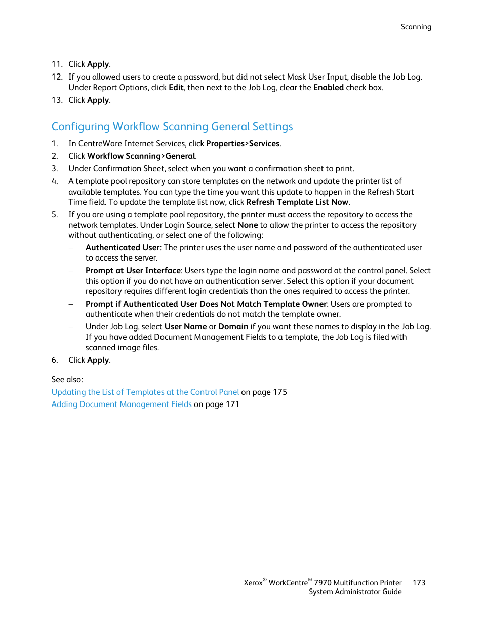 Configuring workflow scanning general settings | Xerox WorkCentre 7970-2606 User Manual | Page 173 / 268