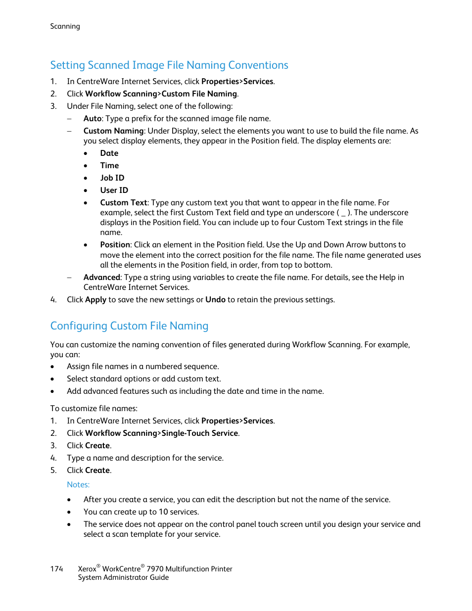 Setting scanned image file naming conventions, Configuring custom file naming | Xerox WorkCentre 7970-2606 User Manual | Page 174 / 268