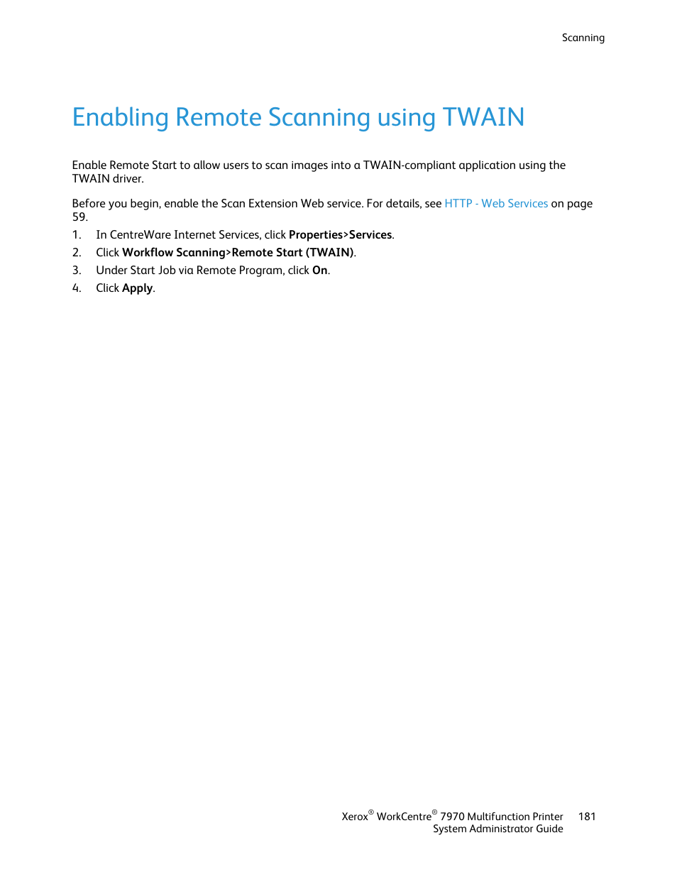 Enabling remote scanning using twain | Xerox WorkCentre 7970-2606 User Manual | Page 181 / 268