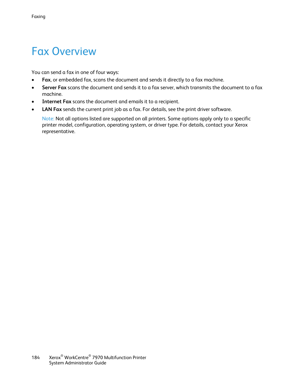 Fax overview | Xerox WorkCentre 7970-2606 User Manual | Page 184 / 268