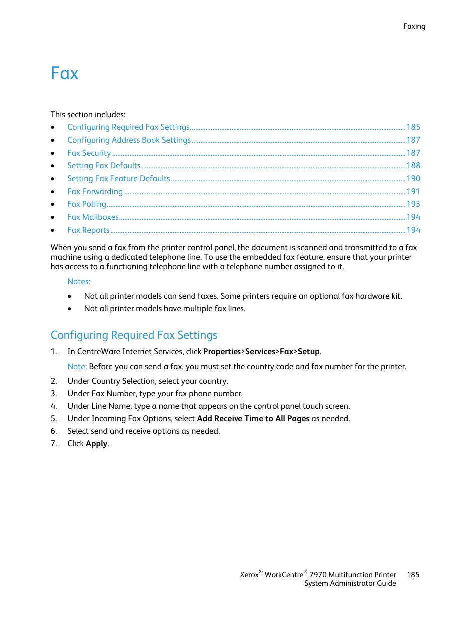 Configuring required fax settings | Xerox WorkCentre 7970-2606 User Manual | Page 185 / 268