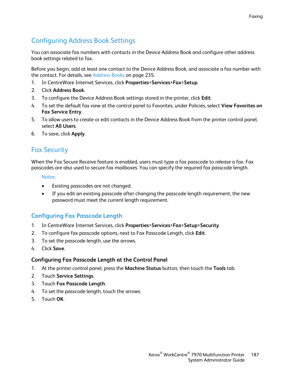 Configuring address book settings, Fax security, Configuring fax passcode length | Xerox WorkCentre 7970-2606 User Manual | Page 187 / 268