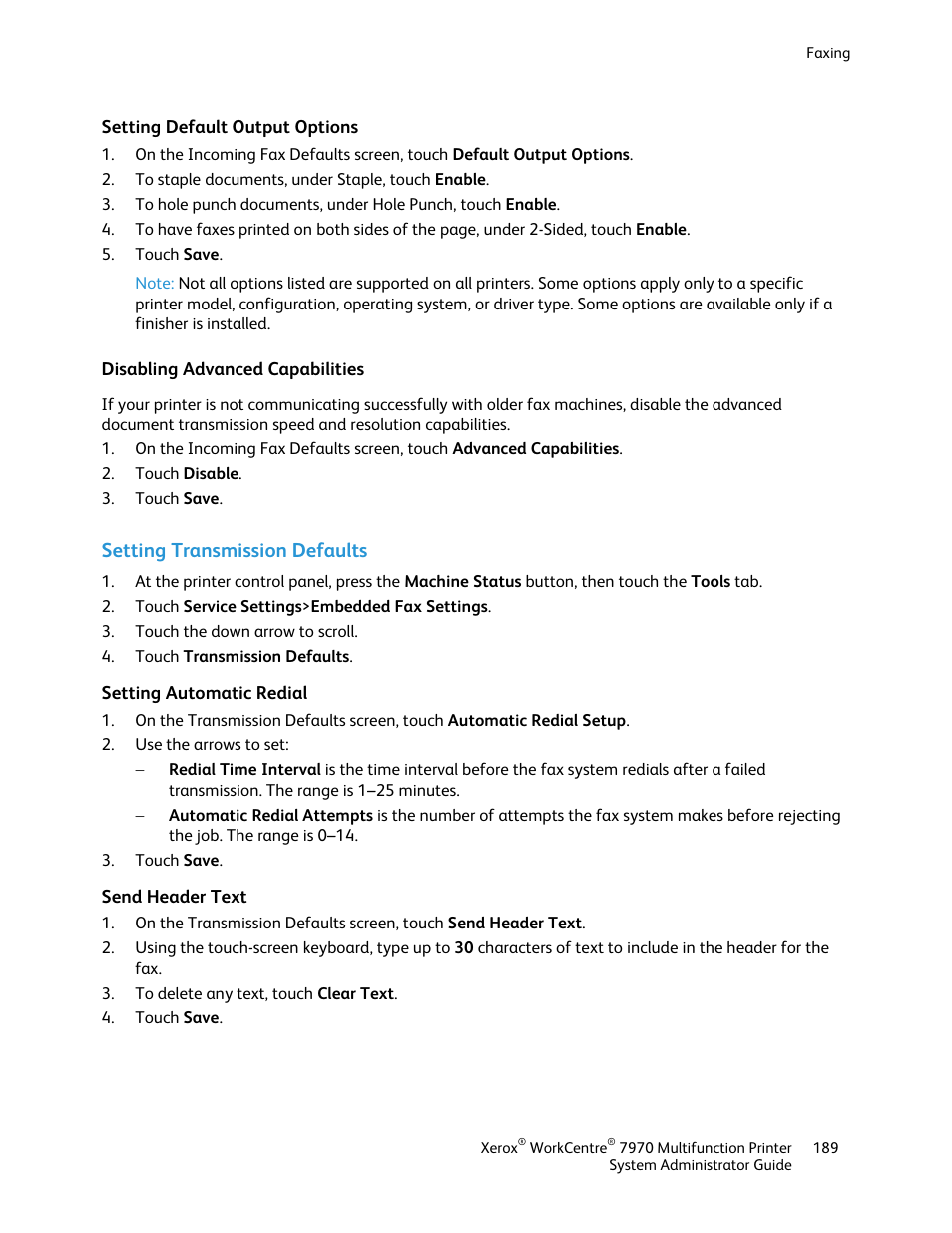 Setting default output options, Disabling advanced capabilities, Setting transmission defaults | Setting automatic redial, Send header text | Xerox WorkCentre 7970-2606 User Manual | Page 189 / 268