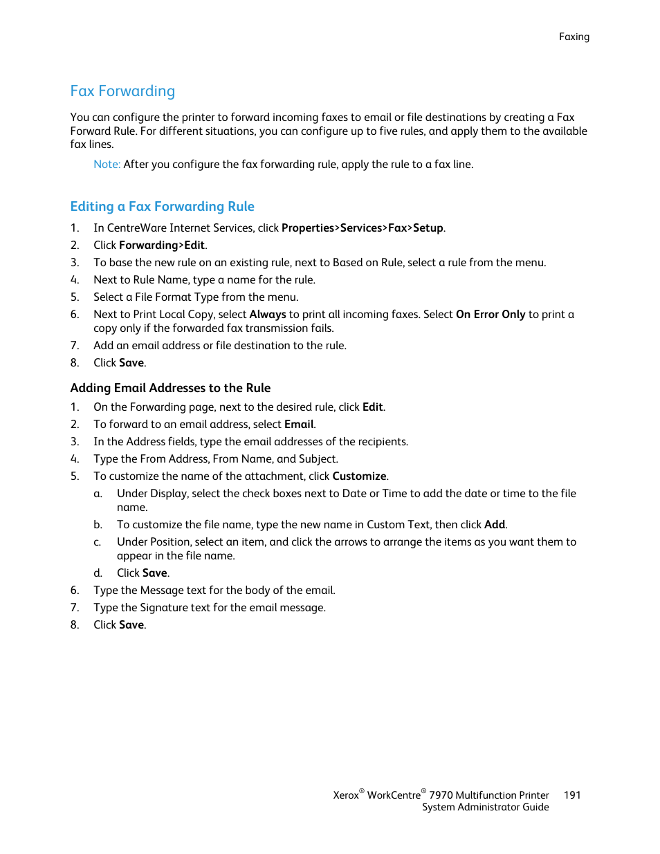 Fax forwarding, Editing a fax forwarding rule, Adding email addresses to the rule | Xerox WorkCentre 7970-2606 User Manual | Page 191 / 268