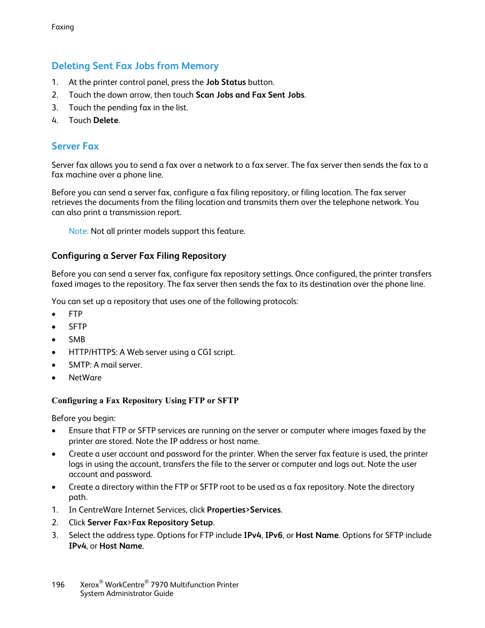 Deleting sent fax jobs from memory, Server fax, Configuring a server fax filing repository | Configuring a fax repository using ftp or sftp | Xerox WorkCentre 7970-2606 User Manual | Page 196 / 268