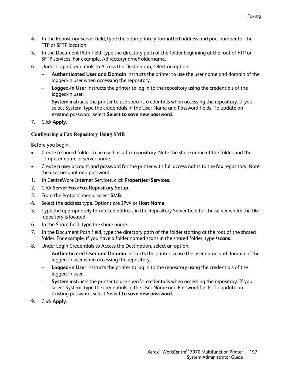 Configuring a fax repository using smb | Xerox WorkCentre 7970-2606 User Manual | Page 197 / 268