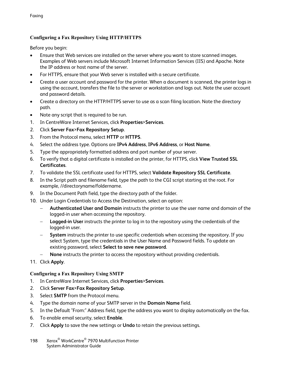 Configuring a fax repository using http/https, Configuring a fax repository using smtp | Xerox WorkCentre 7970-2606 User Manual | Page 198 / 268