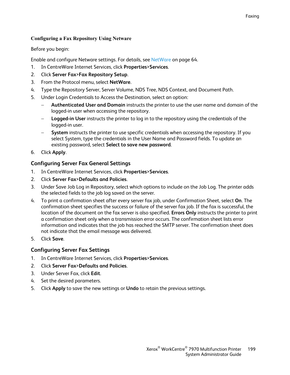 Configuring a fax repository using netware, Configuring server fax general settings, Configuring server fax settings | Xerox WorkCentre 7970-2606 User Manual | Page 199 / 268