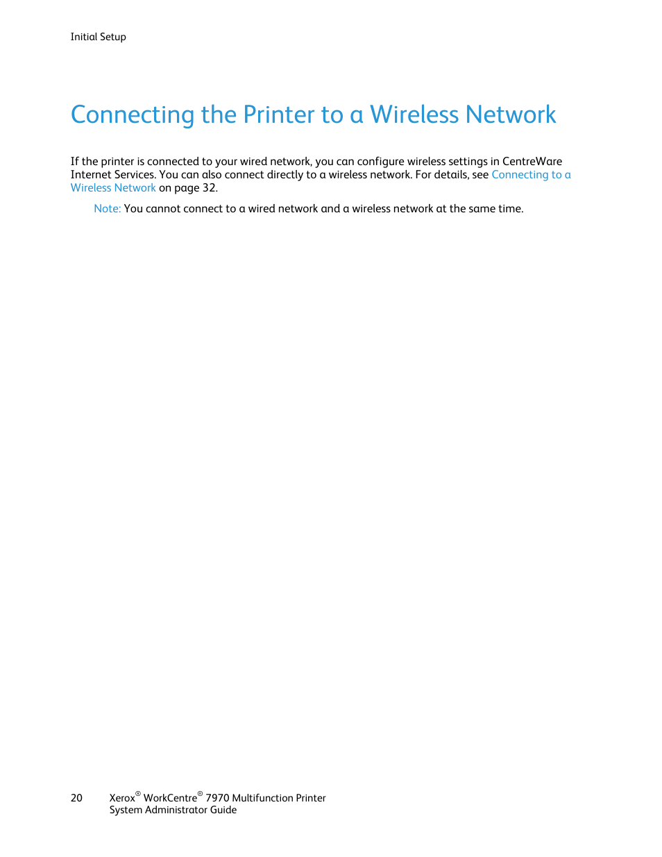Connecting the printer to a wireless network | Xerox WorkCentre 7970-2606 User Manual | Page 20 / 268