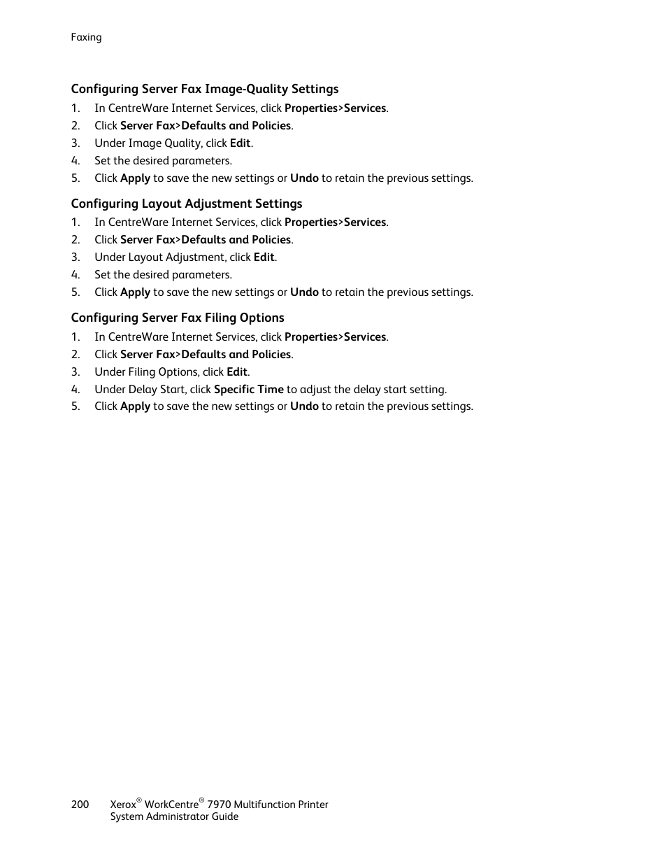 Configuring server fax image-quality settings, Configuring layout adjustment settings, Configuring server fax filing options | Xerox WorkCentre 7970-2606 User Manual | Page 200 / 268