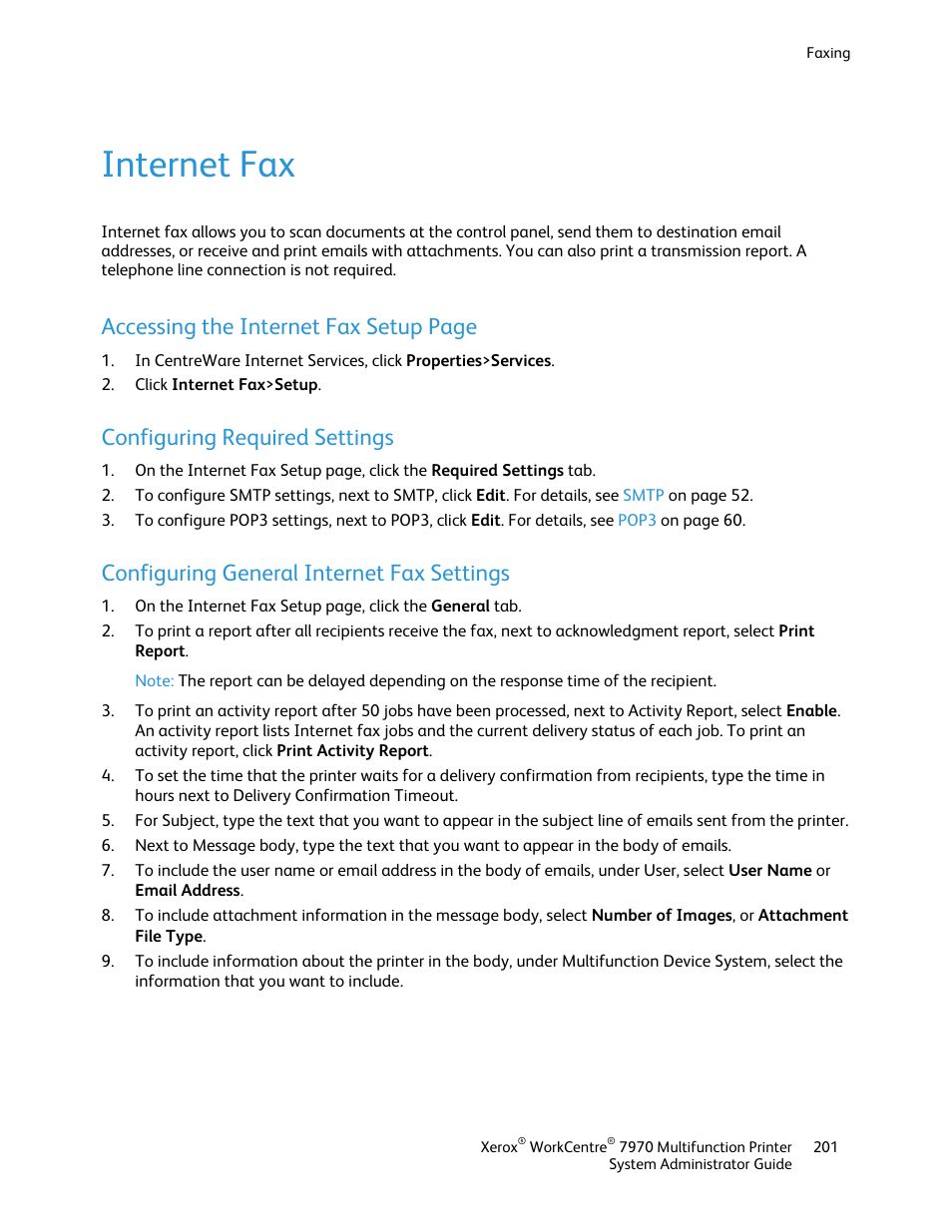 Internet fax, Configuring required settings, Configuring general internet fax settings | Accessing the internet fax setup page | Xerox WorkCentre 7970-2606 User Manual | Page 201 / 268