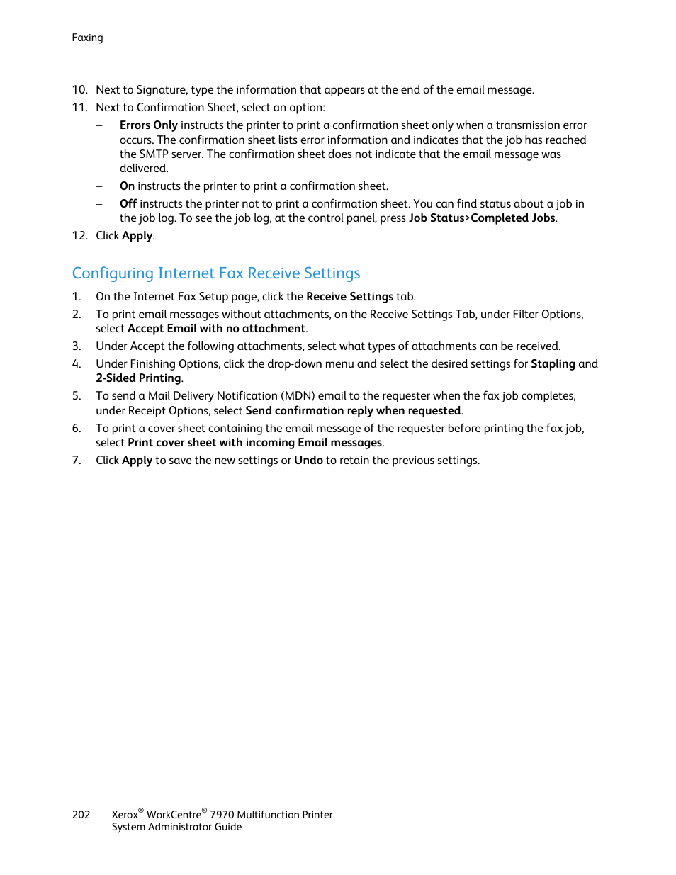 Configuring internet fax receive settings | Xerox WorkCentre 7970-2606 User Manual | Page 202 / 268