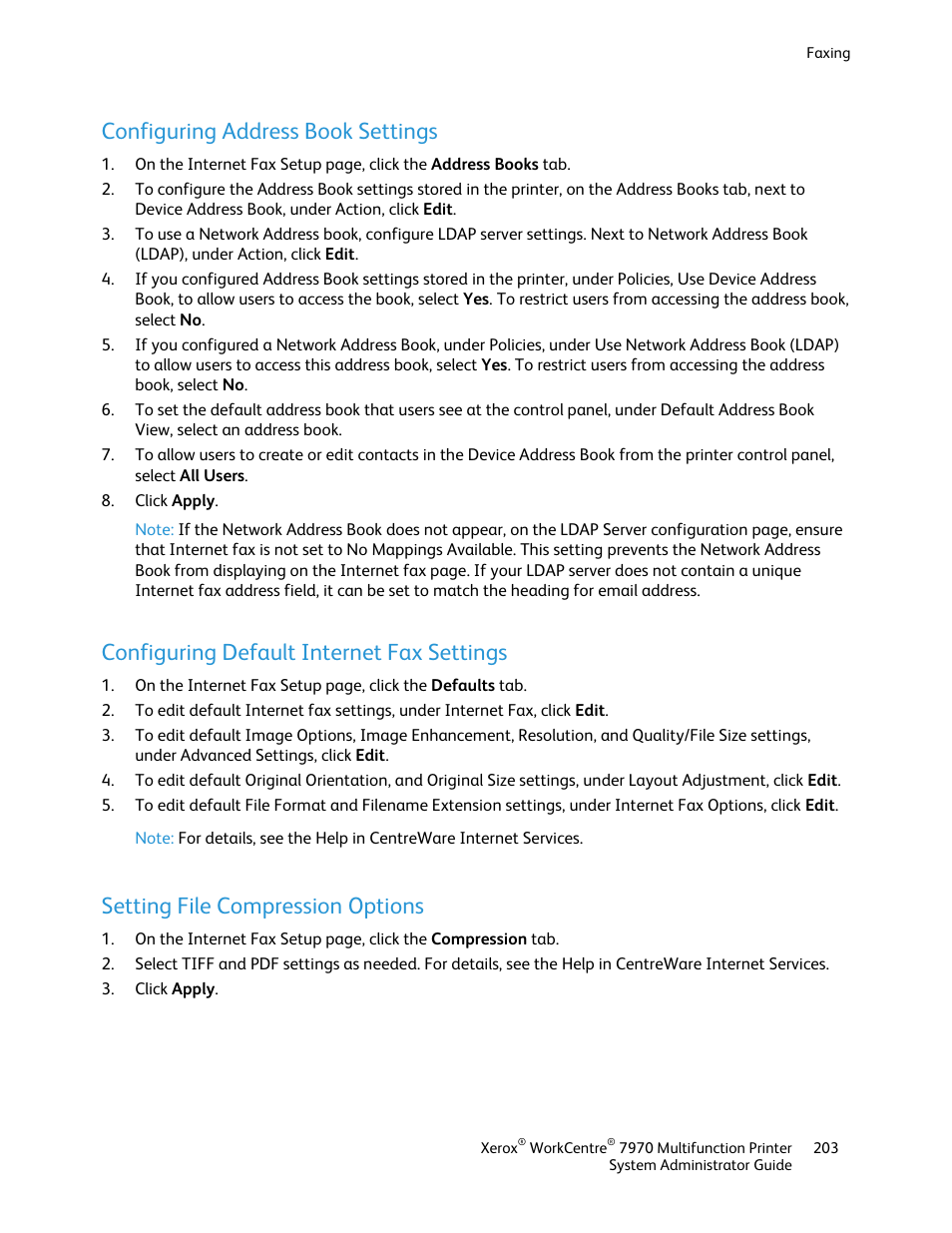 Configuring address book settings, Configuring default internet fax settings, Setting file compression options | Xerox WorkCentre 7970-2606 User Manual | Page 203 / 268