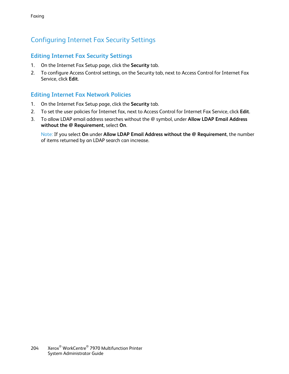 Configuring internet fax security settings, Editing internet fax security settings, Editing internet fax network policies | Xerox WorkCentre 7970-2606 User Manual | Page 204 / 268