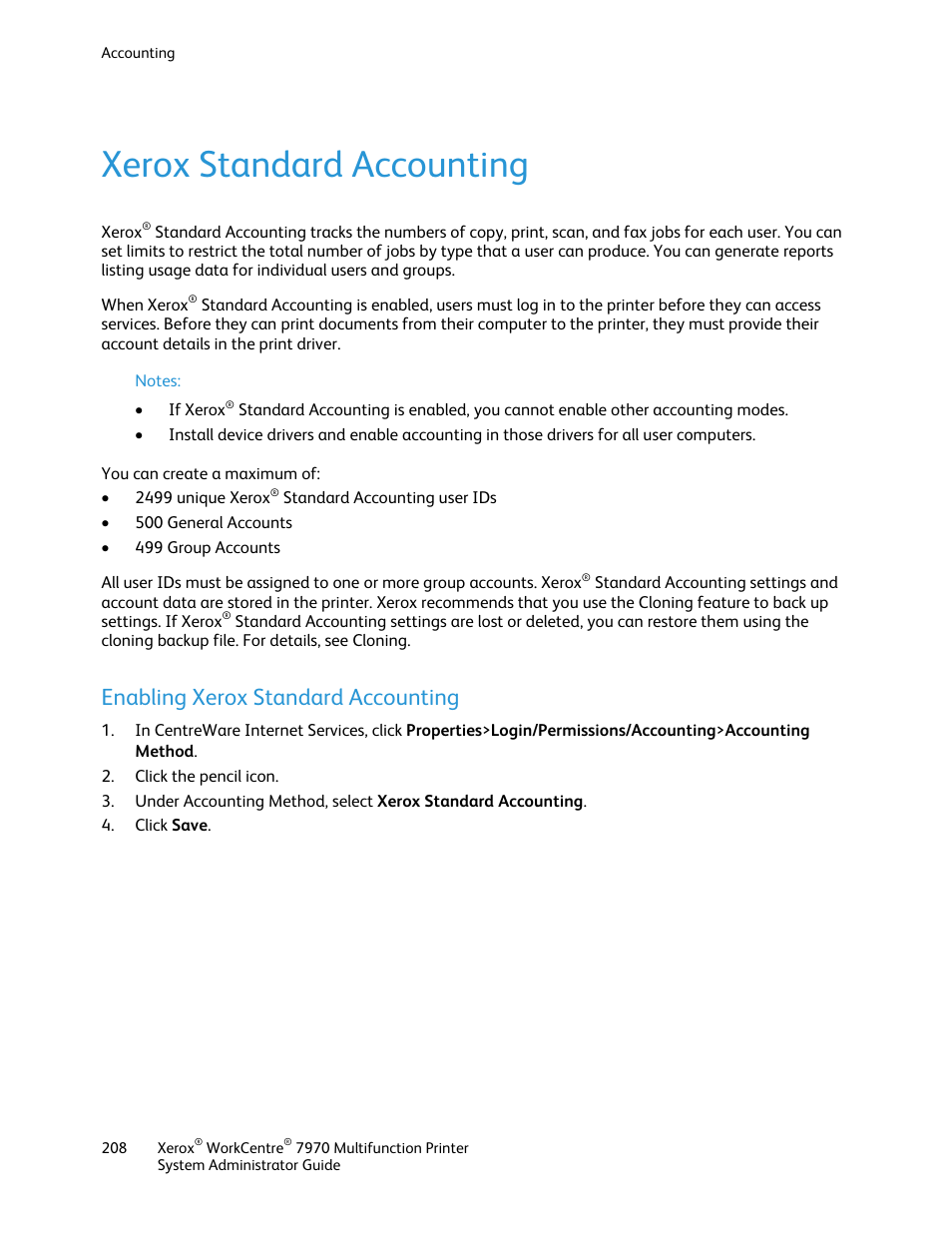 Xerox standard accounting, Enabling xerox standard accounting | Xerox WorkCentre 7970-2606 User Manual | Page 208 / 268