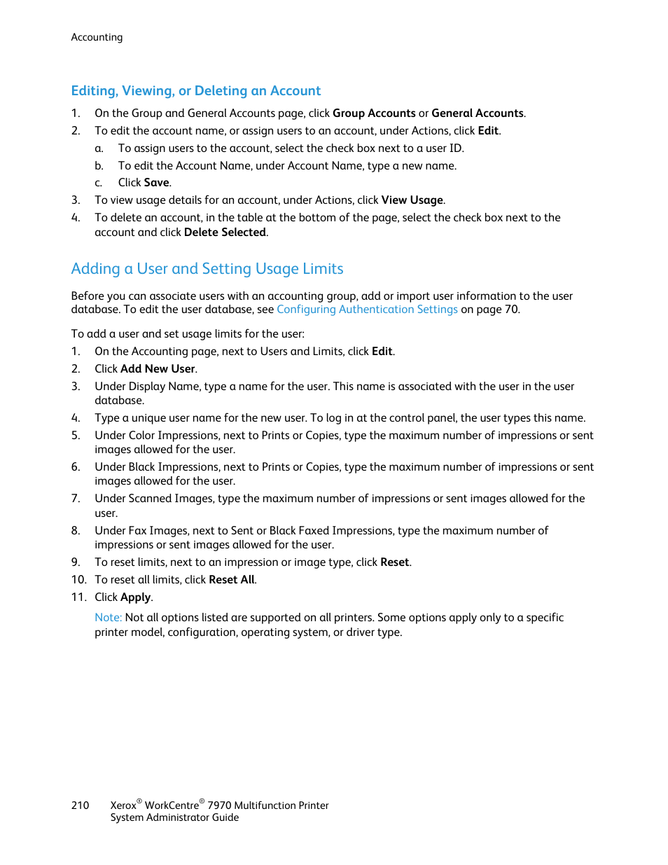 Editing, viewing, or deleting an account, Adding a user and setting usage limits | Xerox WorkCentre 7970-2606 User Manual | Page 210 / 268