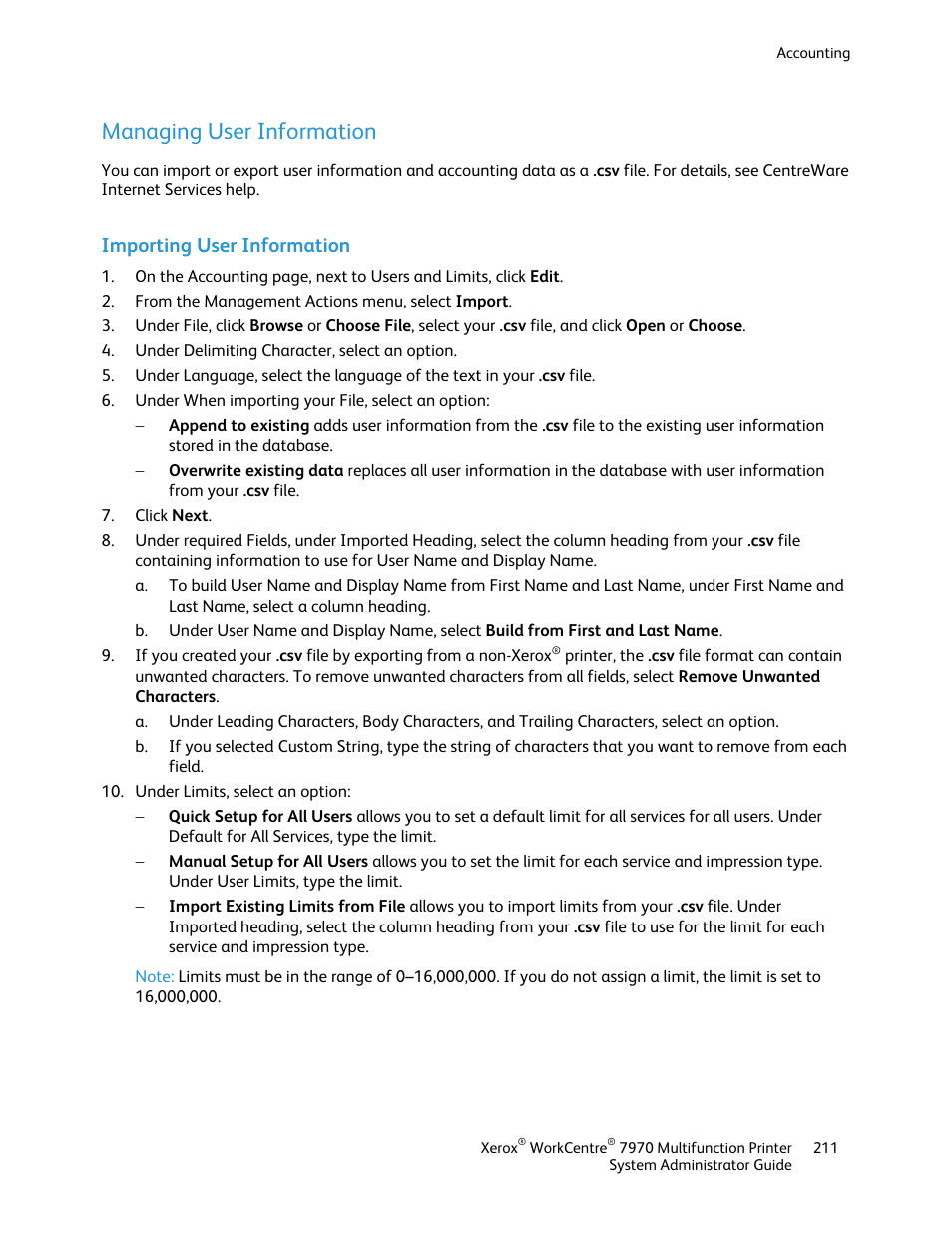 Managing user information, Importing user information | Xerox WorkCentre 7970-2606 User Manual | Page 211 / 268