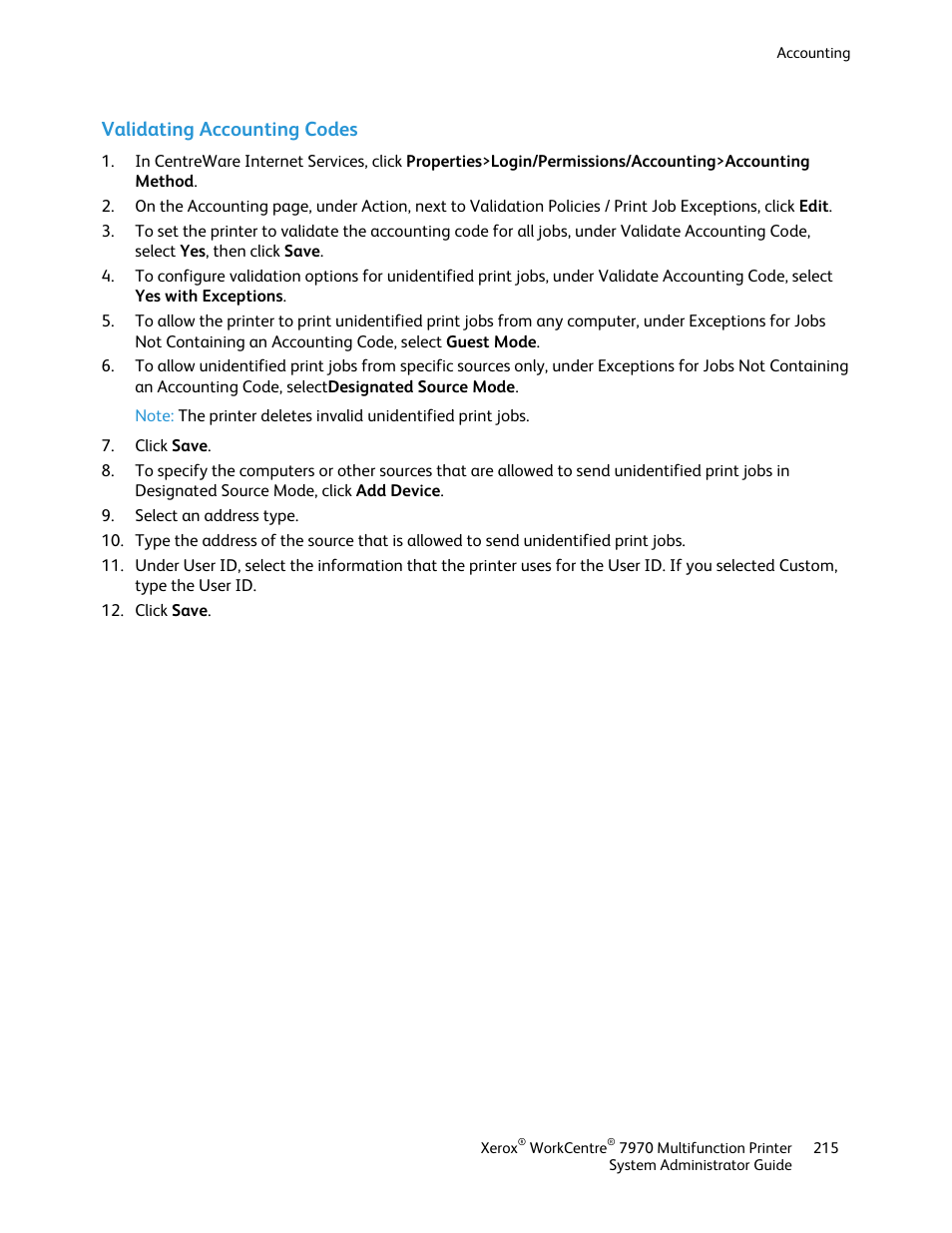 Validating accounting codes | Xerox WorkCentre 7970-2606 User Manual | Page 215 / 268
