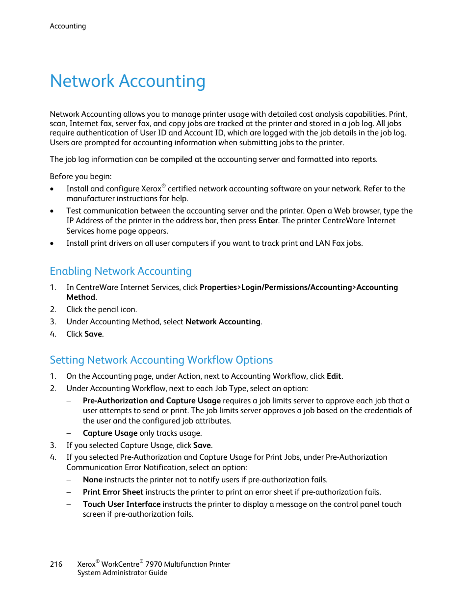 Network accounting, Enabling network accounting, Setting network accounting workflow options | Xerox WorkCentre 7970-2606 User Manual | Page 216 / 268