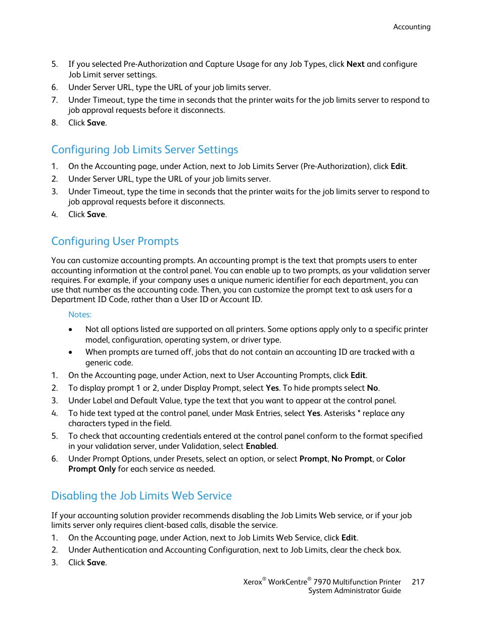 Configuring job limits server settings, Configuring user prompts, Disabling the job limits web service | Xerox WorkCentre 7970-2606 User Manual | Page 217 / 268