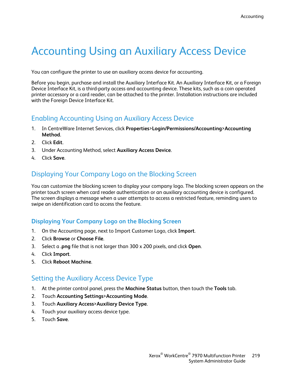 Accounting using an auxiliary access device, Setting the auxiliary access device type | Xerox WorkCentre 7970-2606 User Manual | Page 219 / 268